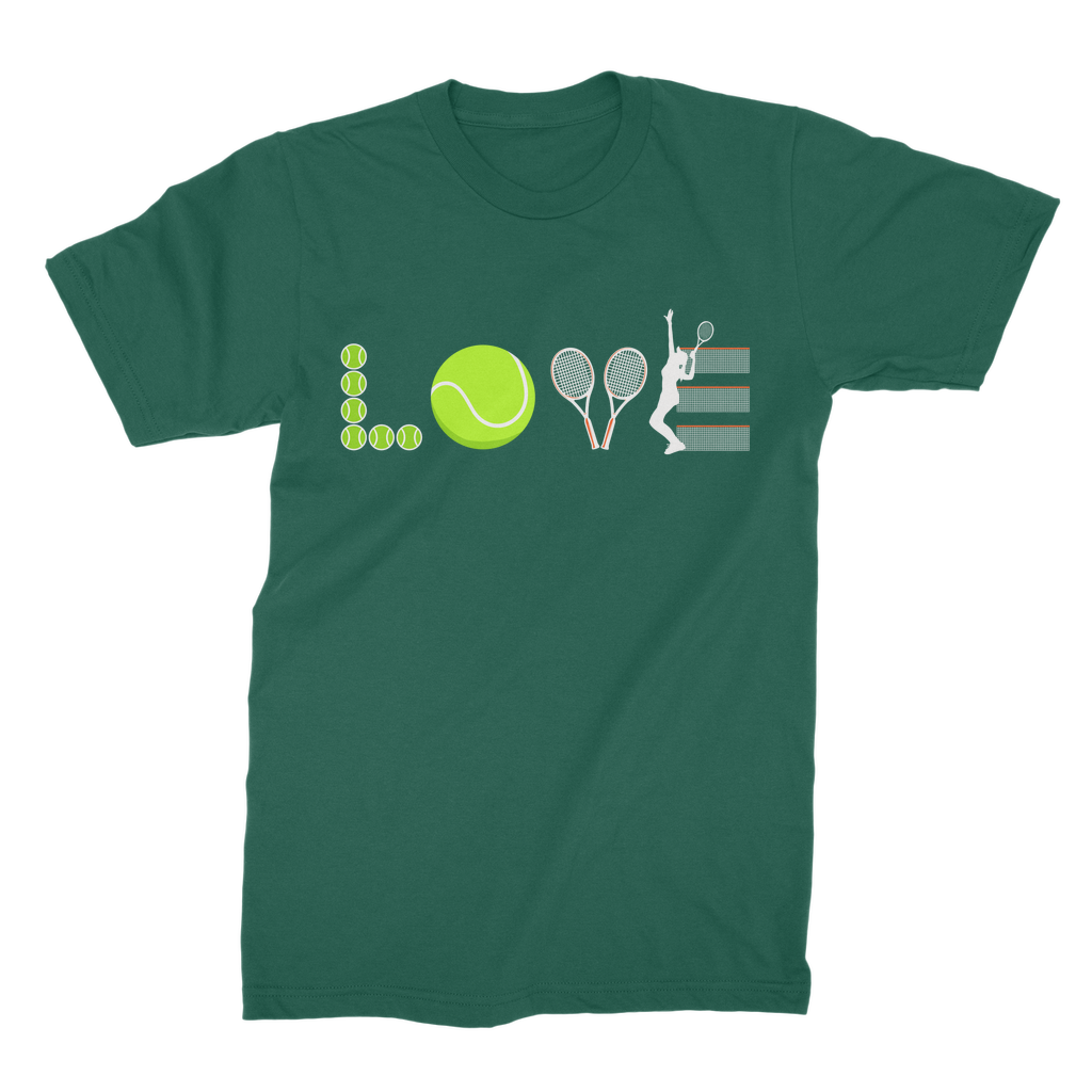 Dark green women's t-shirt with a tennis-themed graphic print, featuring rackets, tennis balls, and nets.