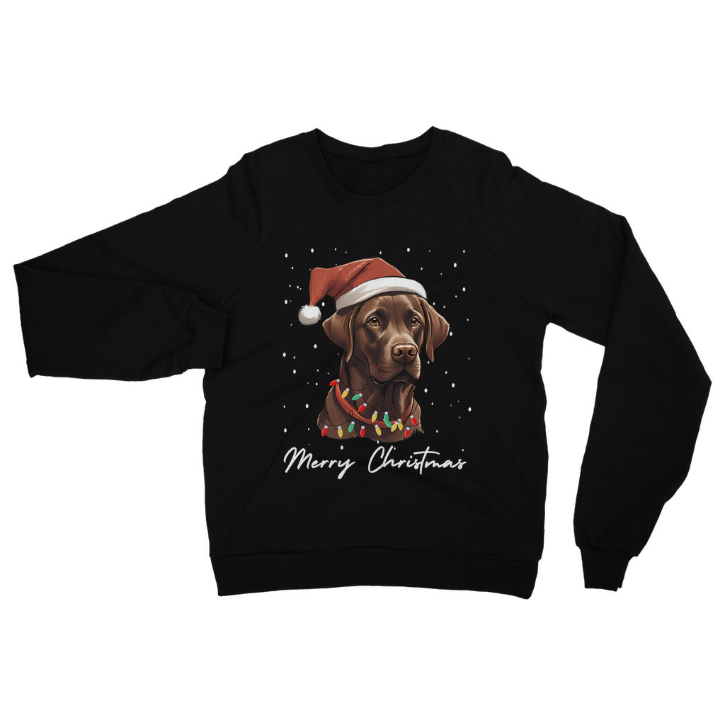 Black Christmas sweatshirt with the printed design of a Chocolate Labrador wearing a christmas hat and lights with words saying "merry christmas"