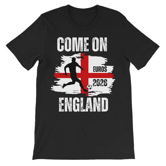 A black t-shirt is displayed featuring a distressed graphic with the text "COME ON EUROS 2028 ENGLAND" in white, overlaid on a stylized white and red St. George's Cross with a black silhouette of a football player kicking a ball.