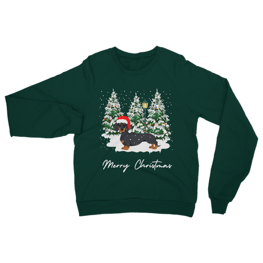 Adults Dark Green Christmas sweatshirt featuring a festive dachshund in a Santa hat, standing in front of snowy Christmas trees with a lamp post.