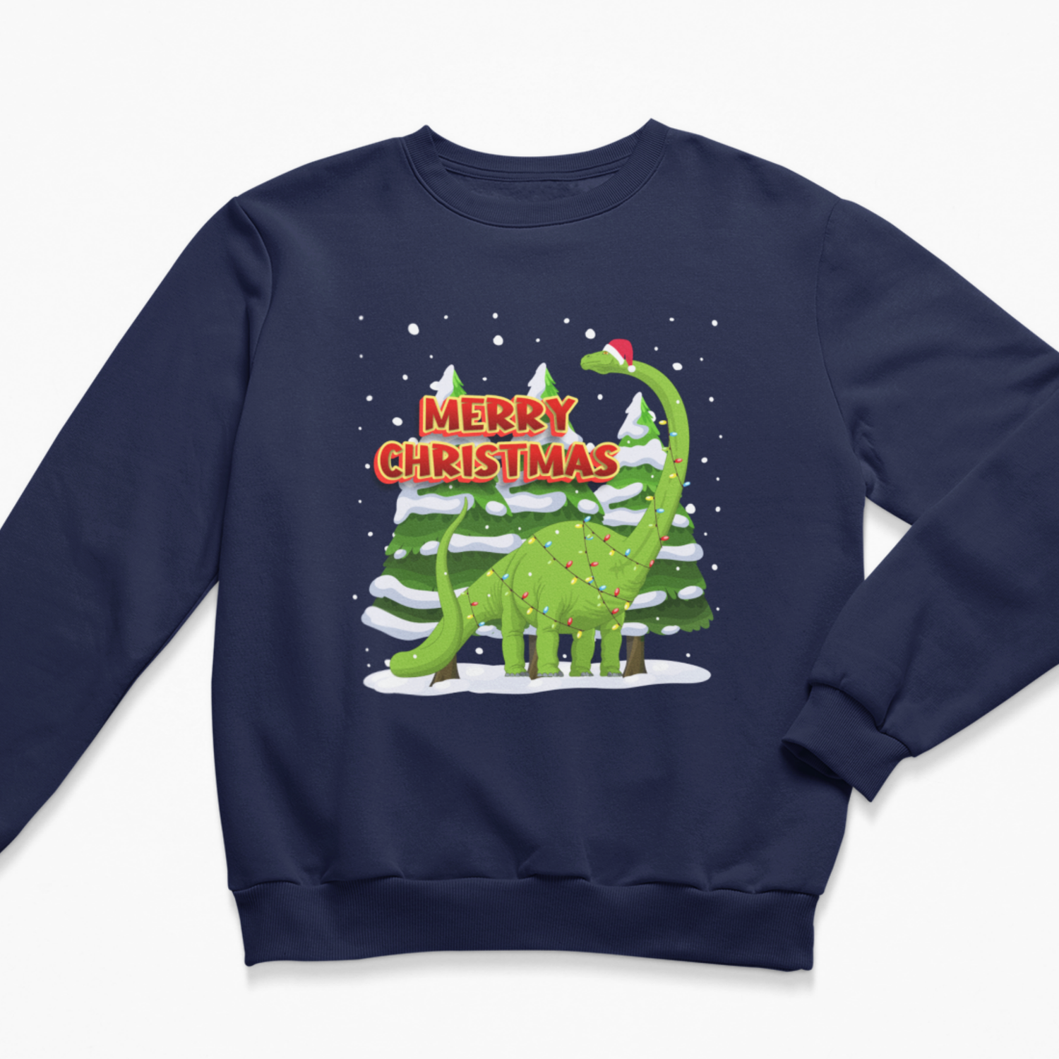 A kids navy blue crewneck sweatshirt featuring a festive Christmas graphic of a green long-necked dinosaur wrapped in holiday lights next to snow-covered pine trees, with 'MERRY CHRISTMAS' written in red letters.
