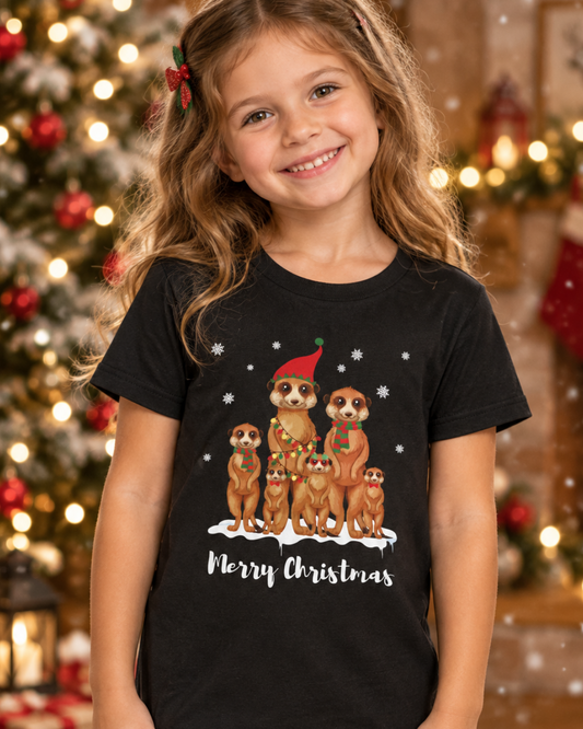 Young girl wears black short-sleeve crewneck t-shirt featuring a festive graphic of five cartoon meerkats wearing Christmas hats and scarves, standing in the snow with 'Merry Christmas' written below in white script.