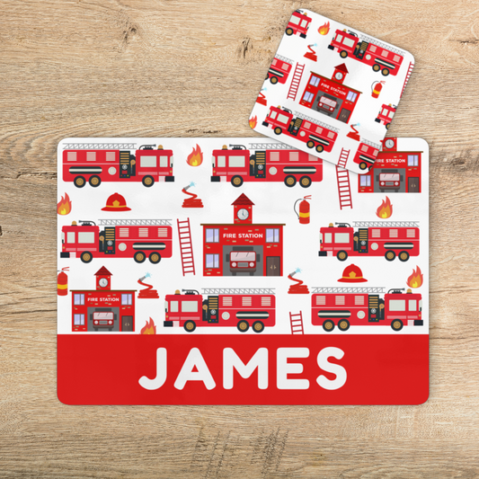 Kids Personalised Fire Engine Large Cork-Back Placemat and Coaster Set