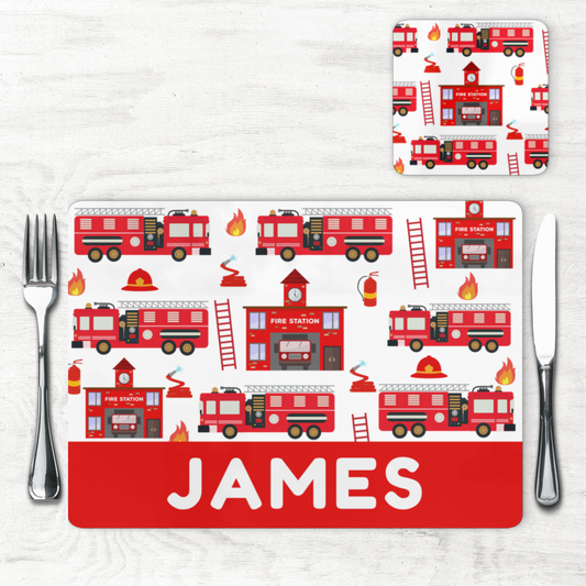 Kids Personalised Fire Engine Large Cork-Back Placemat and Coaster Set