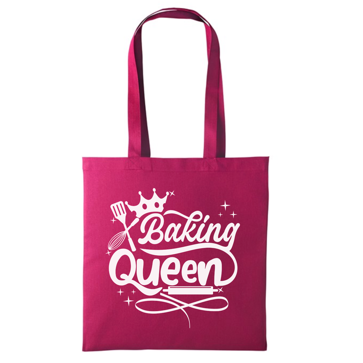 Baking Queen novelty cotton tote bag in cranberry pink with crown baking design – reusable shopping tote bag gift for bakers