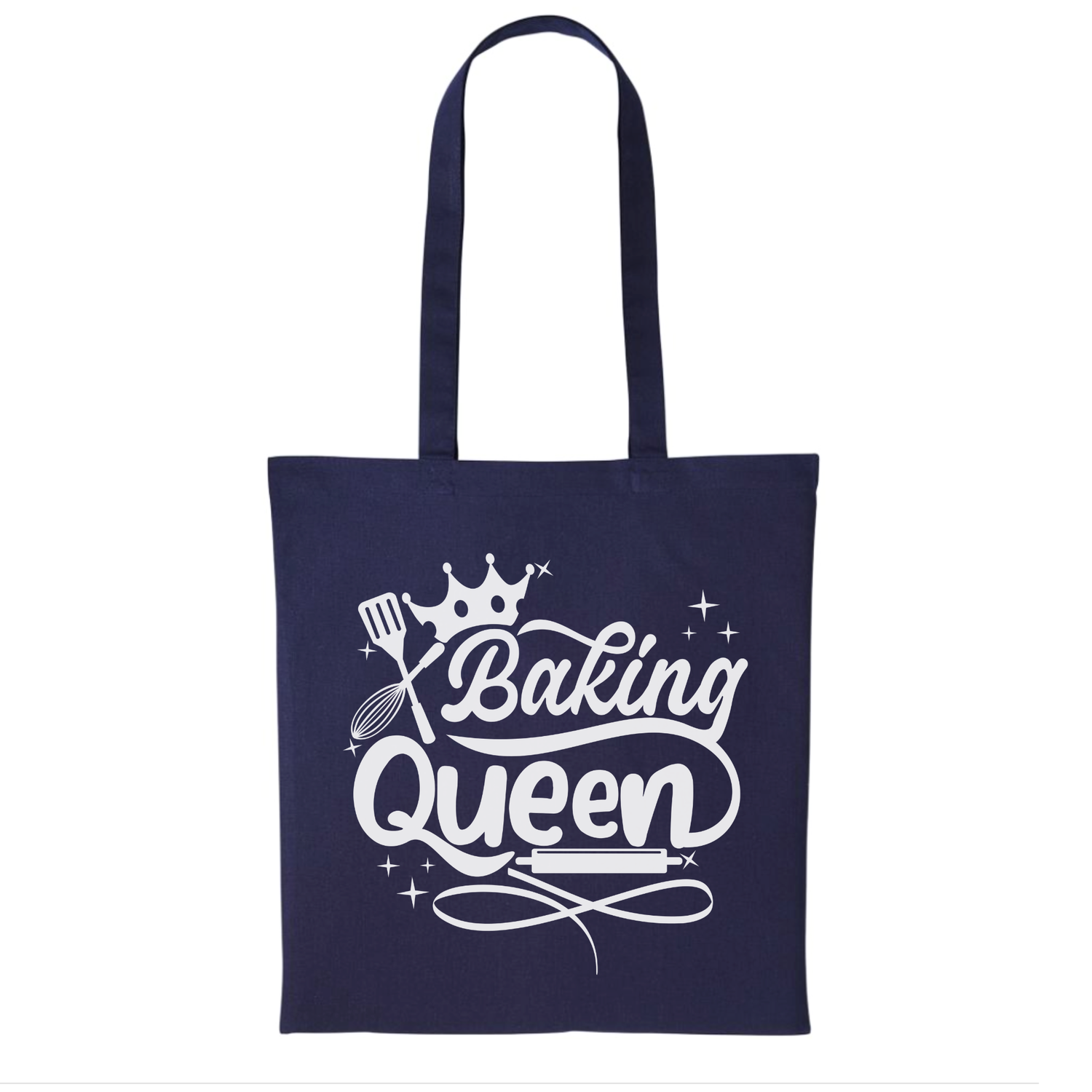 Baking Queen printed cotton tote bag in navy with crown and baking utensils design – reusable baking tote bag gift
