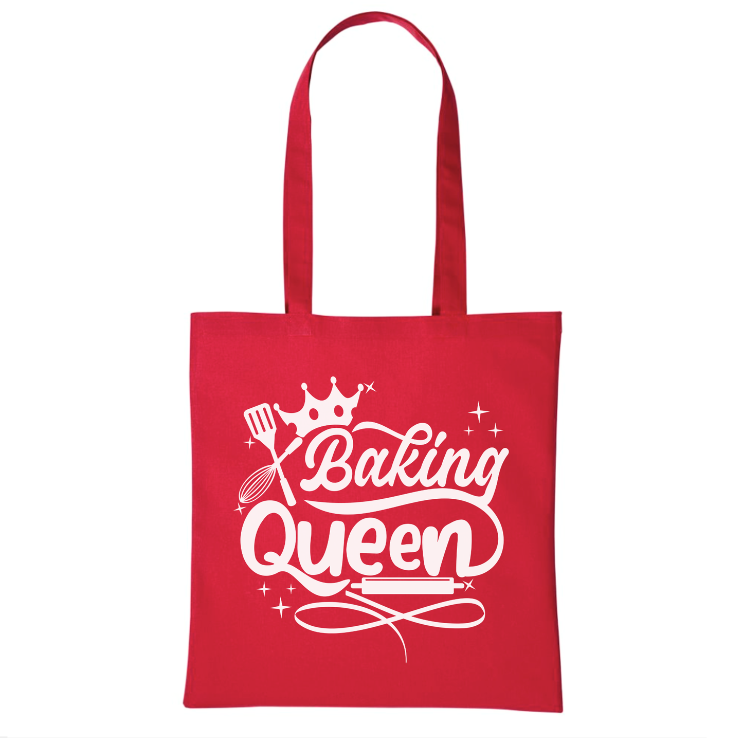 Baking Queen cotton tote bag in red with crown baking graphic – reusable tote bag gift for bakers and baking lovers