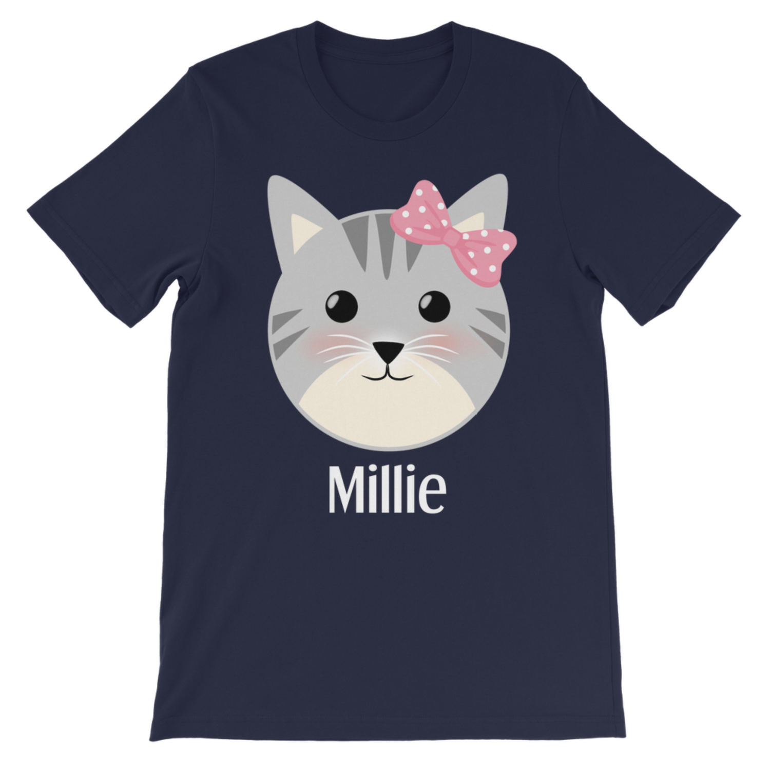 Girls navy T-shirt with cute cat wearing pink bow graphic, kids personalised tee displayed flat lay.