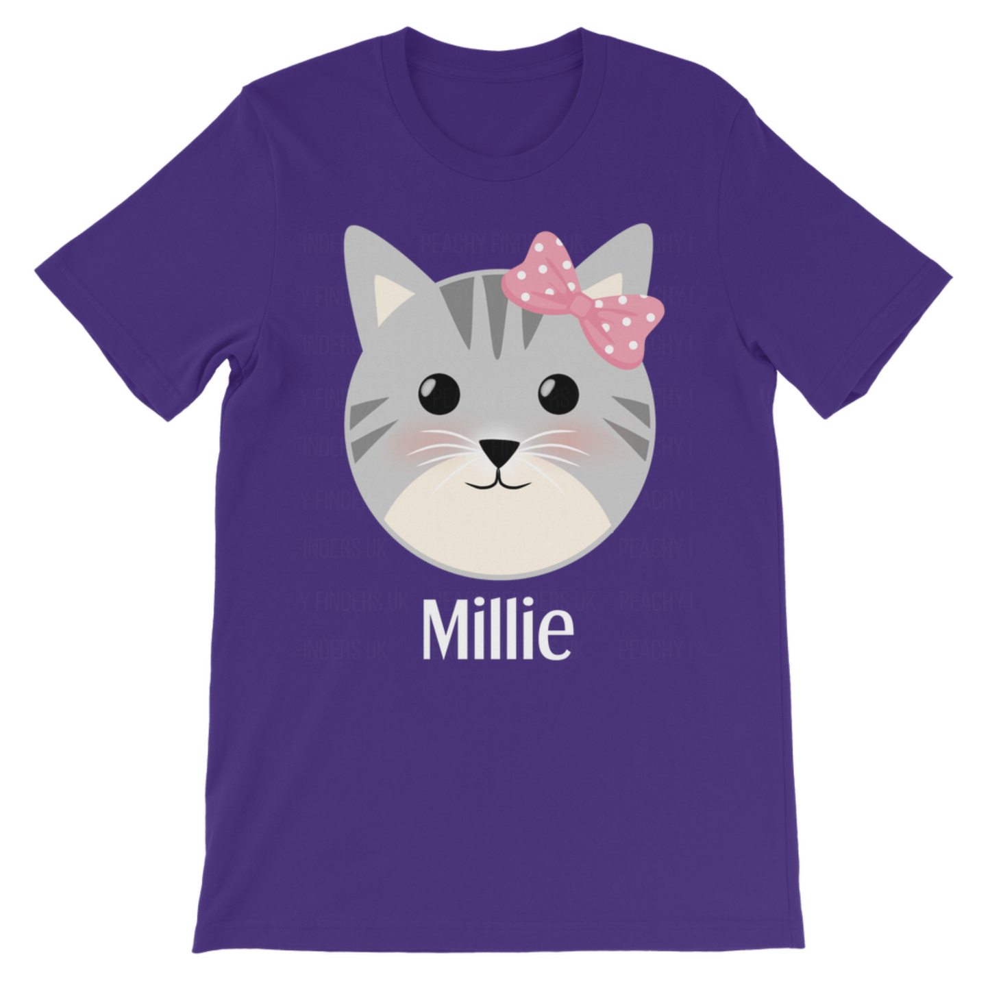 Girls purple T-shirt featuring adorable cat with pink bow design, children’s personalised graphic tee flat lay.