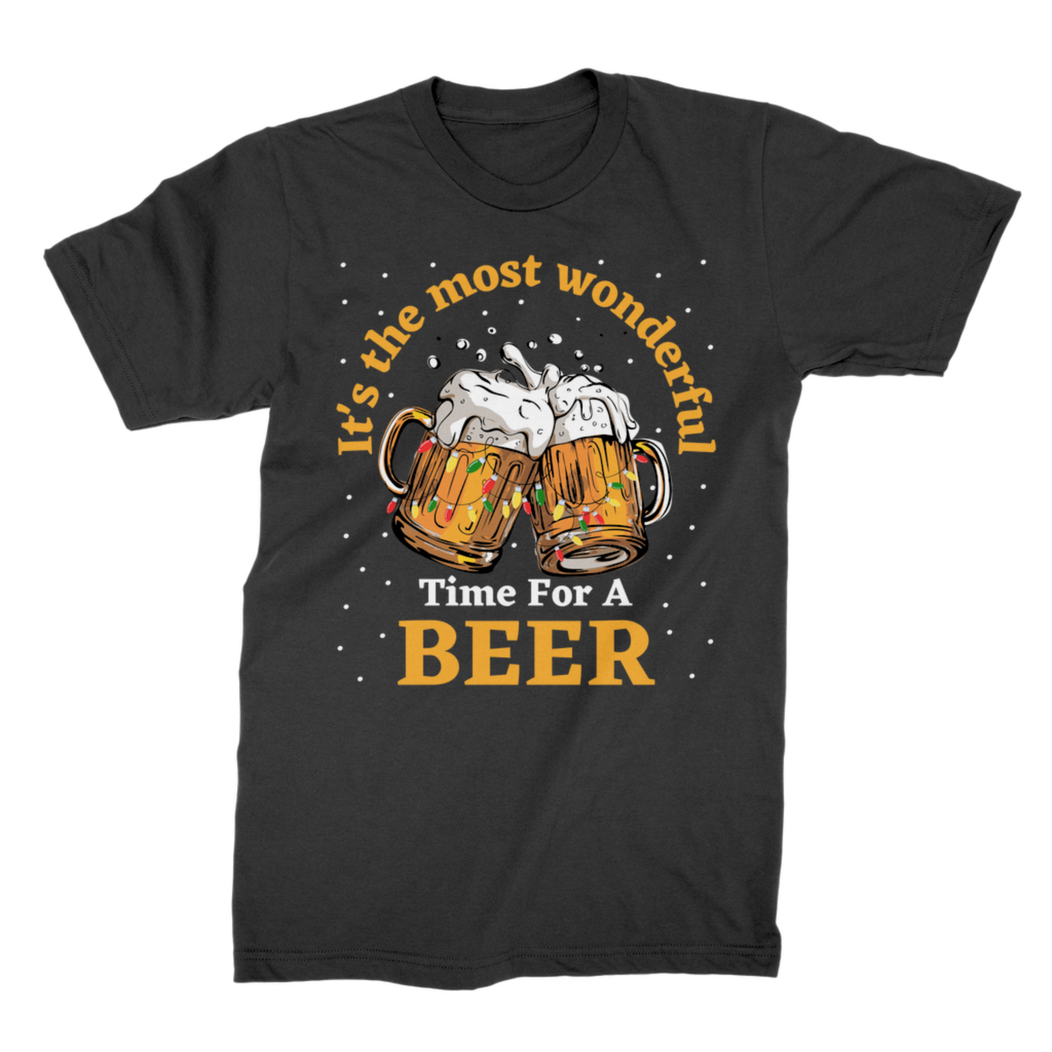 Black Christmas beer graphic T-shirt showing clinking beer mugs wrapped in Christmas lights with humorous holiday text