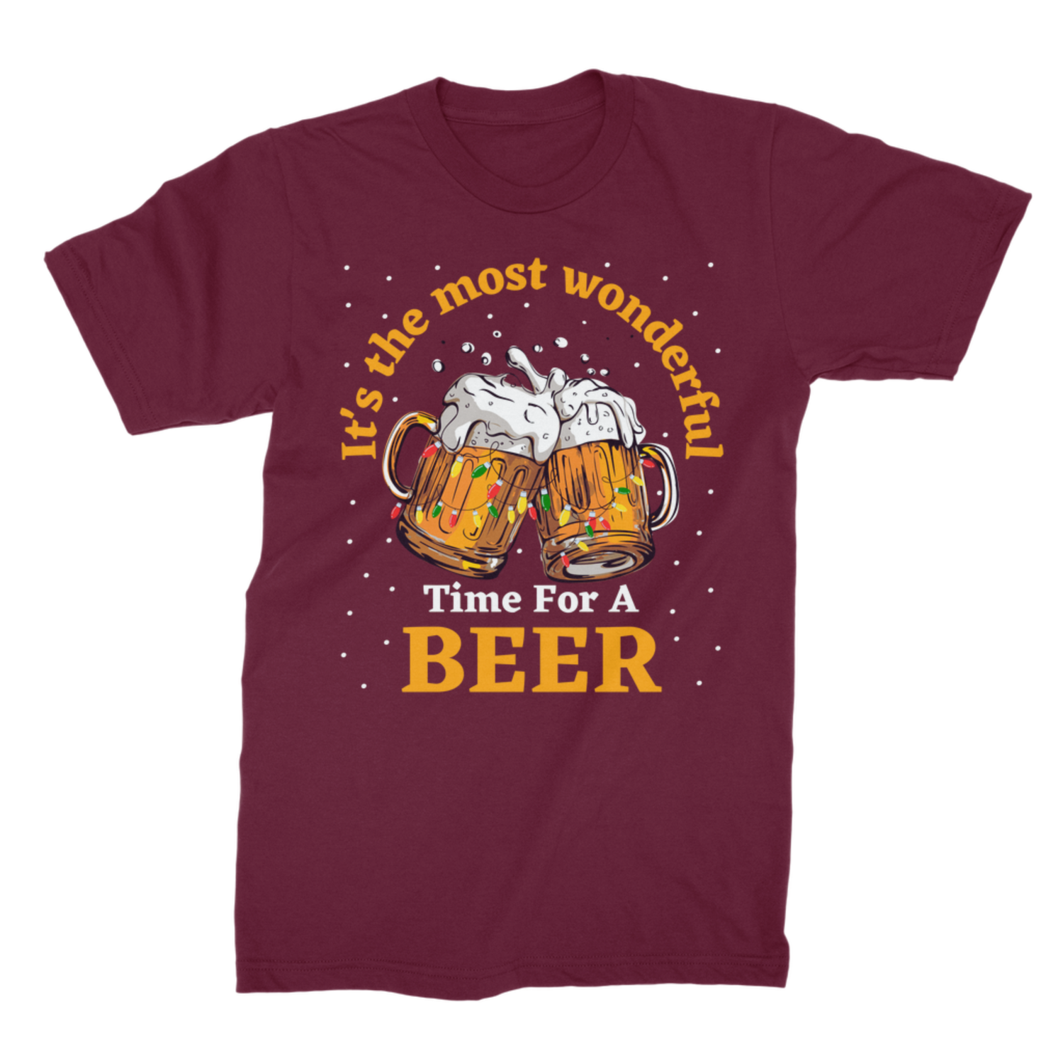 Burgundy Christmas beer T-shirt with festive clinking beer mugs graphic and slogan “It’s the most wonderful time for a beer”