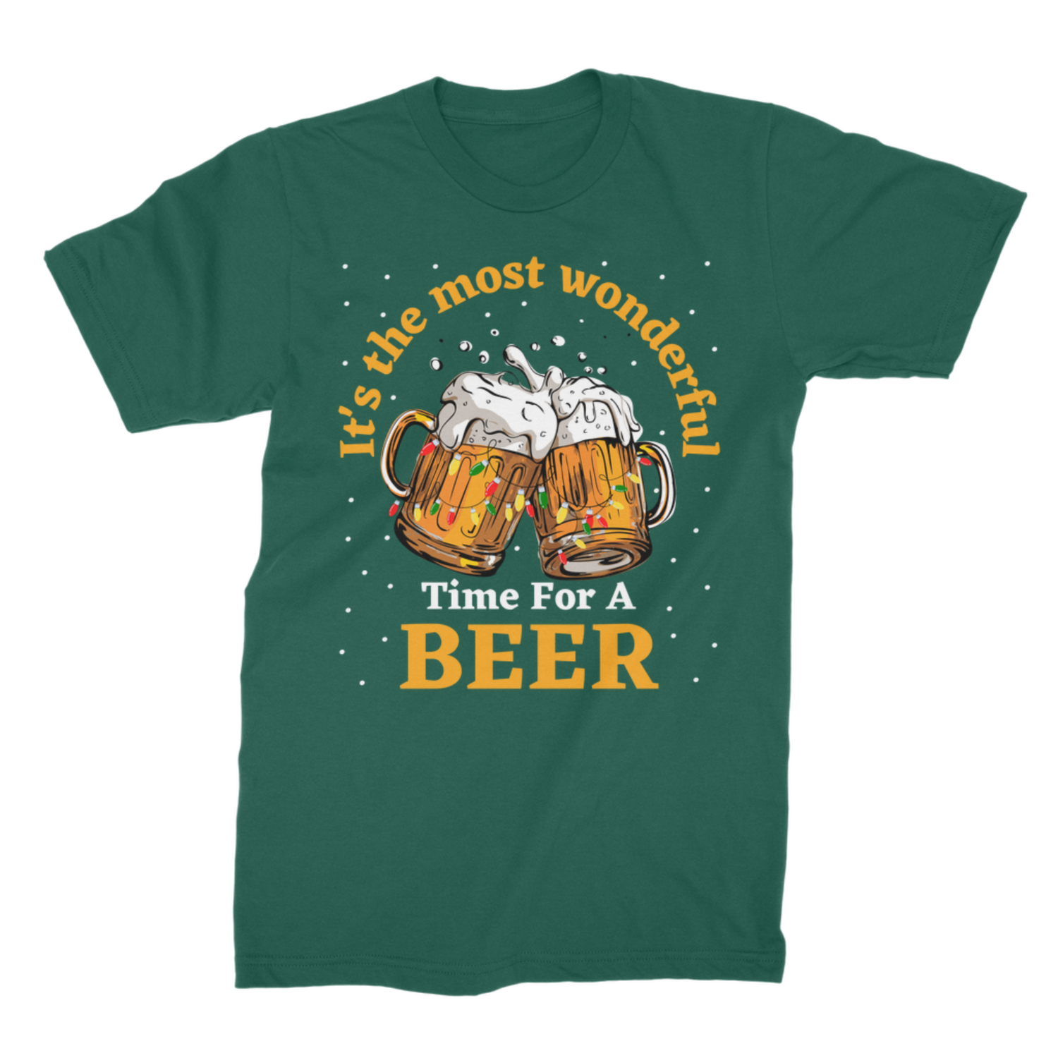 Dark green Christmas beer T-shirt featuring two frothy beer mugs with holiday lights and funny festive drinking slogan
