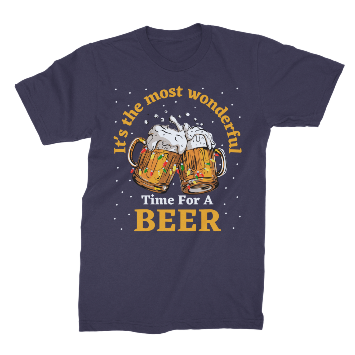 Navy blue funny Christmas beer T-shirt with illustrated beer mugs, snow dots and festive slogan design