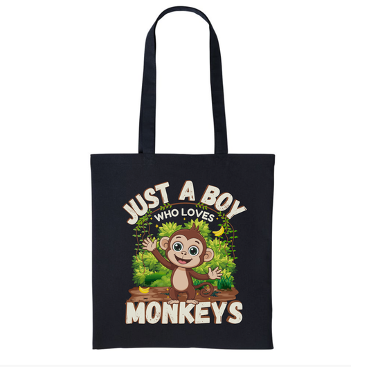 Black tote bag with a monkey graphic and text on a white background