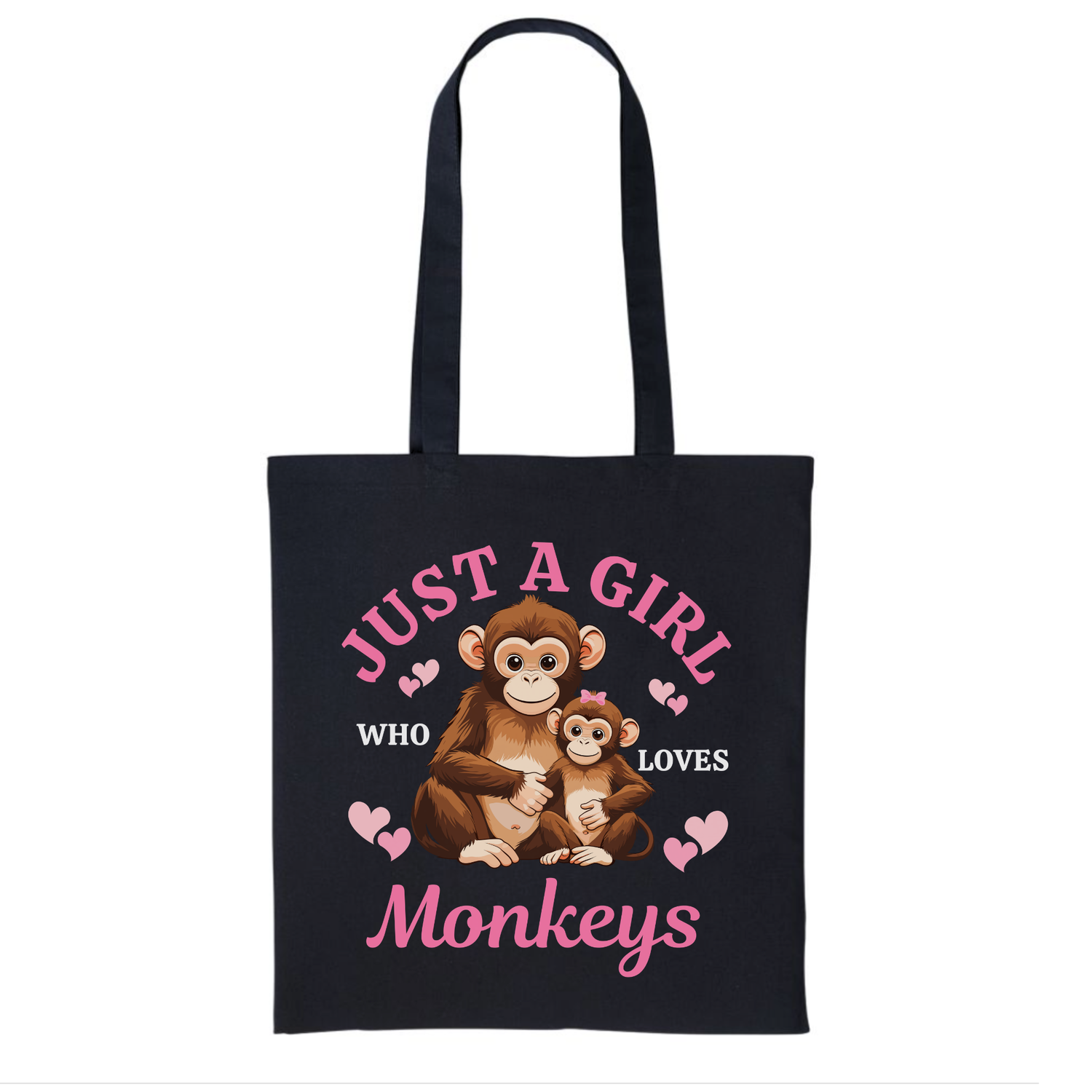 Black tote bag with monkey design and text on a white background