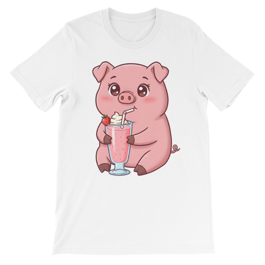 Flat lay of a white kids t-shirt featuring a cute pig sipping a strawberry milkshake kawaii graphic