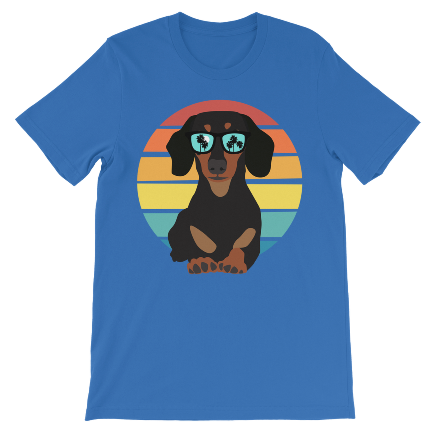 Royal blue kids t-shirt with dachshund wearing sunglasses and retro sunset graphic