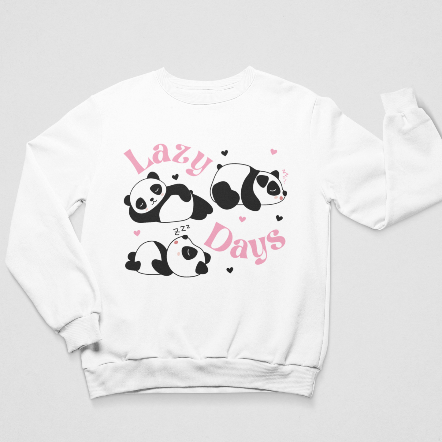 White Lazy Days panda graphic sweatshirt laid flat showing cute panda illustrations and pink lettering