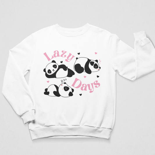 White Lazy Days panda graphic sweatshirt laid flat showing cute panda illustrations and pink lettering
