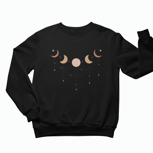 Black luna moon phases sweatshirt flat lay with minimalist celestial moon phase graphic printed on front