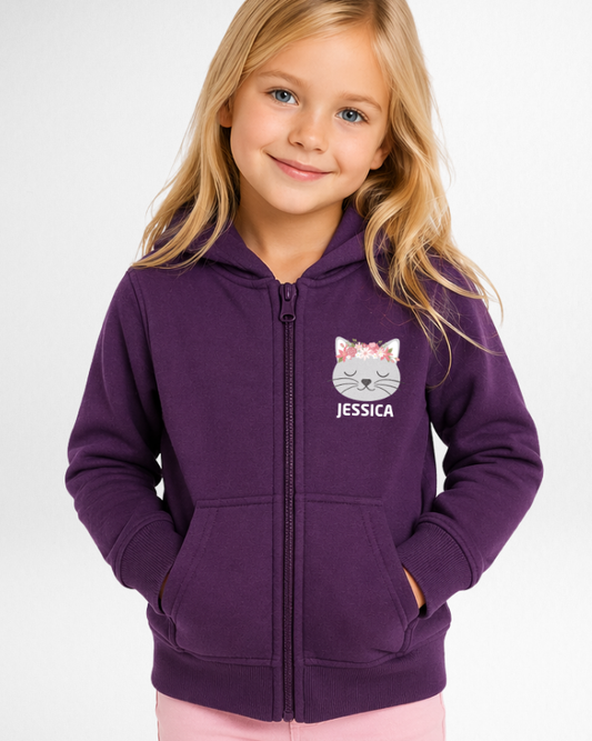 Girls Personalised Floral Cat Zip Hoodie - (Ages 3-13 Yrs)