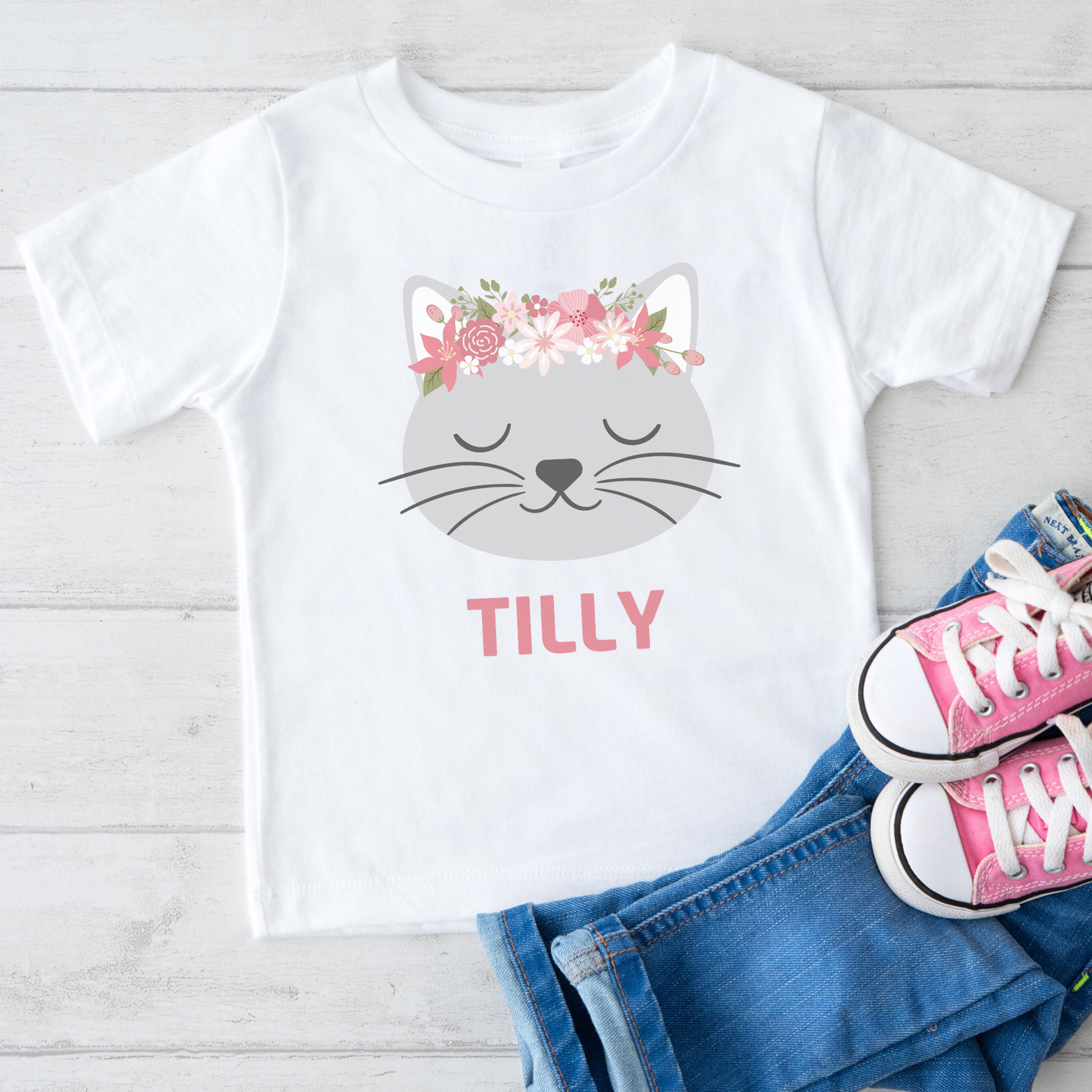 Girls Floral Cat Cotton T-shirt | 3 - 13 years