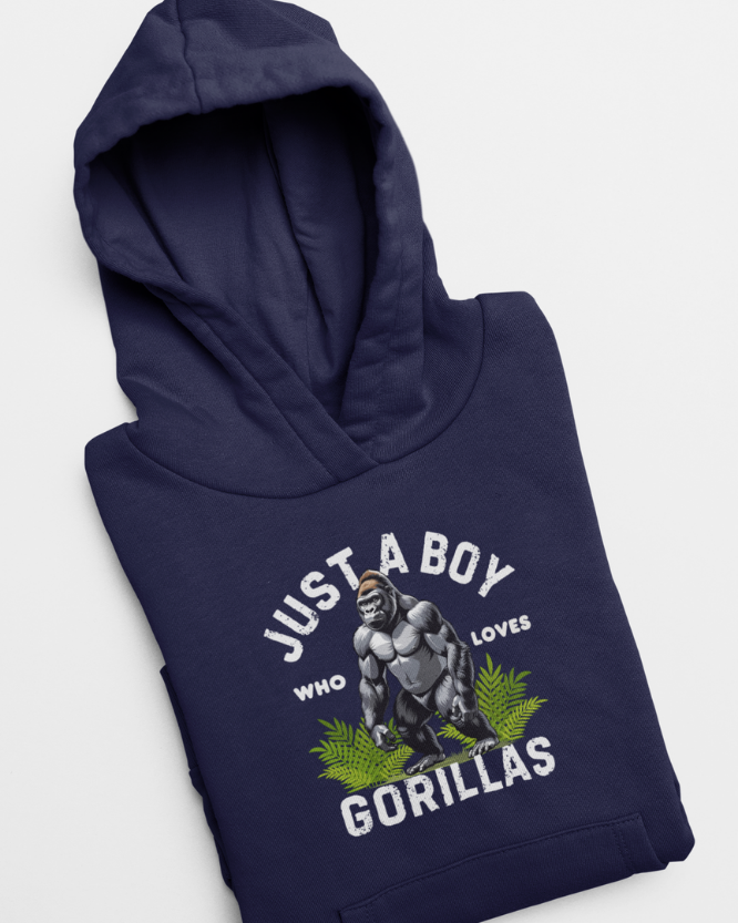 Folded navy kids hoodie with “Just A Boy Who Loves Gorillas” gorilla graphic displayed on a clean white background
