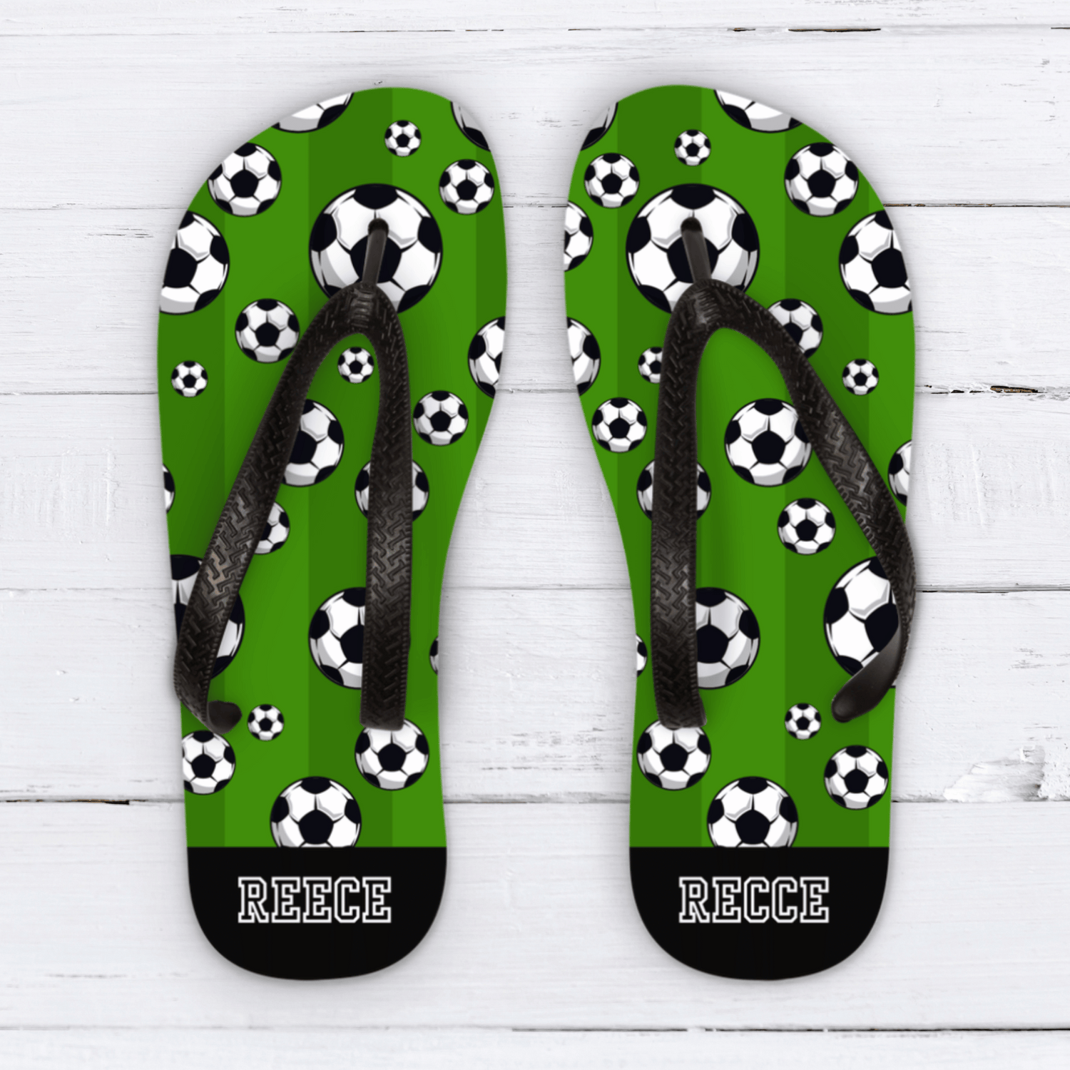 Kids personalised Football flip flops, college font name with black straps