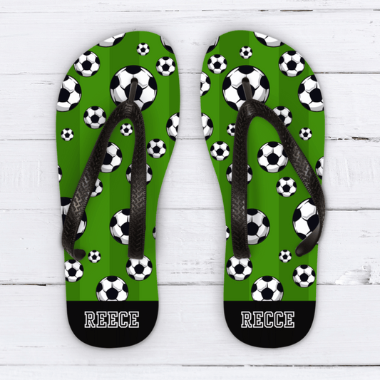 Kids personalised Football flip flops, college font name with black straps