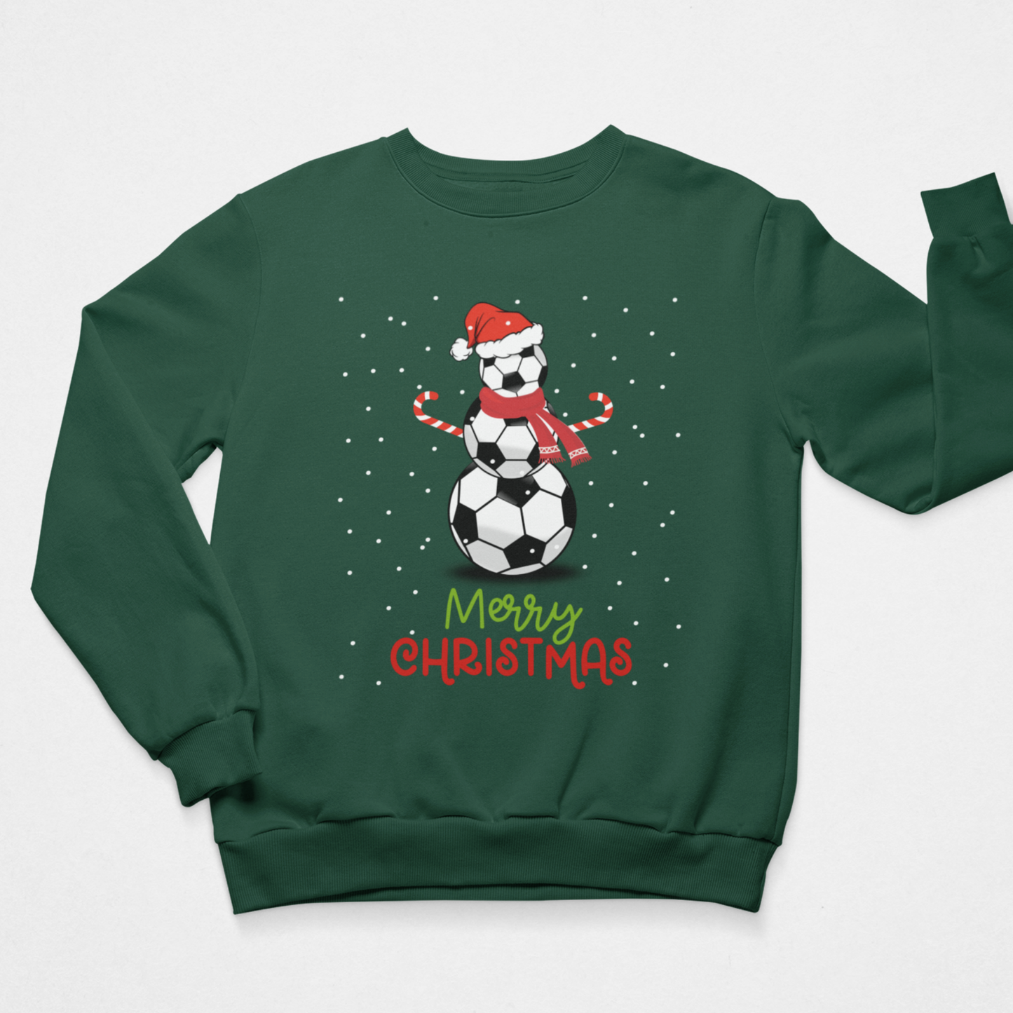 Dark-green adult sweatshirt with a festive snowman made from footballs, red Santa hat and a colourful “Merry Christmas” message.