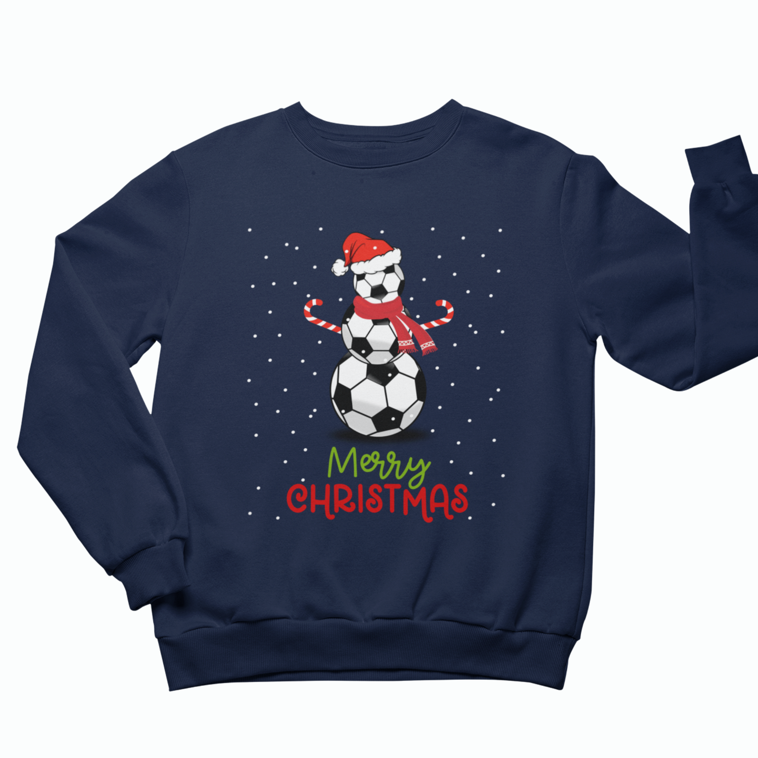 Navy Christmas jumper for adults printed with a football snowman holding candy canes beneath falling snow and “Merry Christmas” lettering.