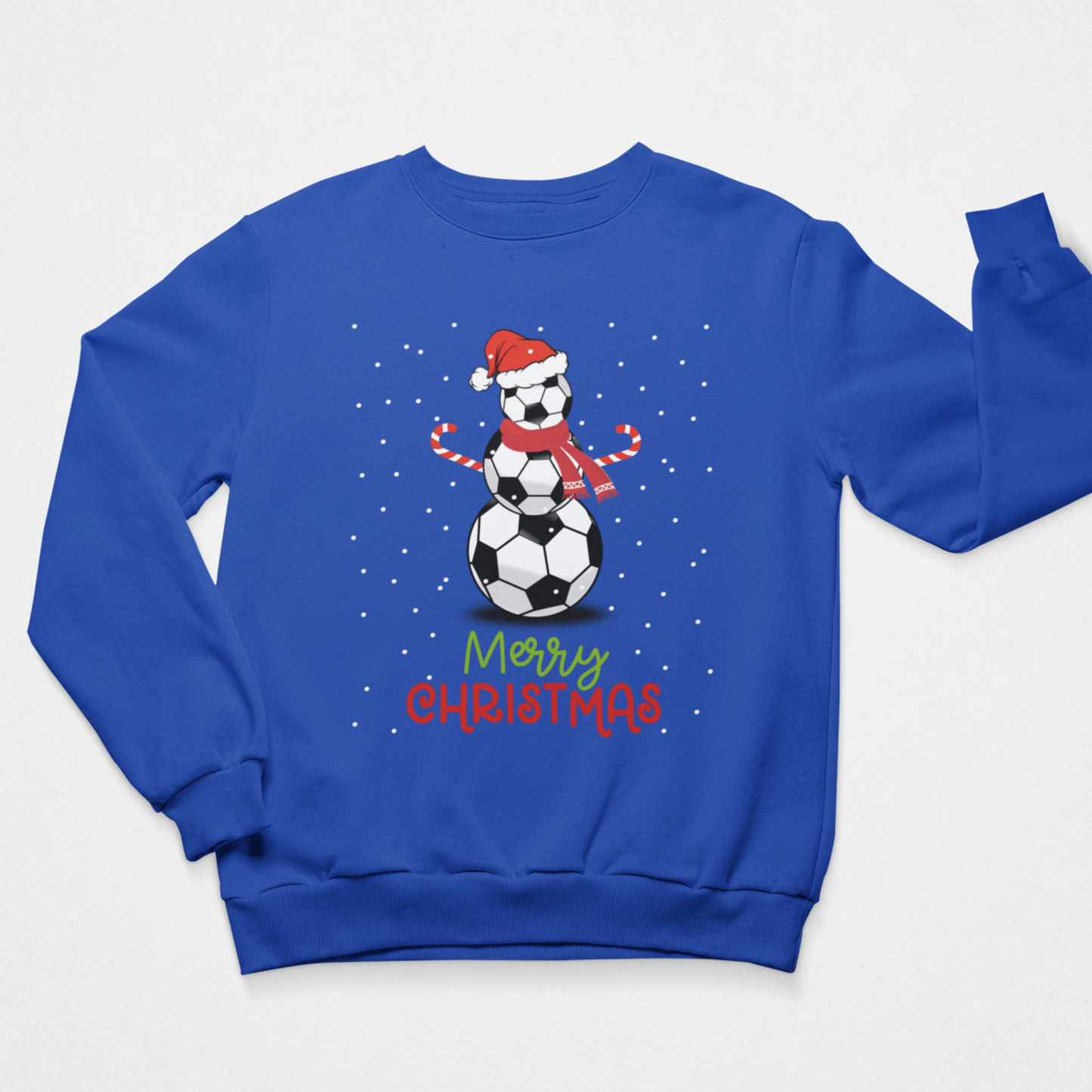Royal-blue adult festive sweatshirt featuring three footballs arranged as a snowman with a Santa hat, red scarf and Christmas greeting.