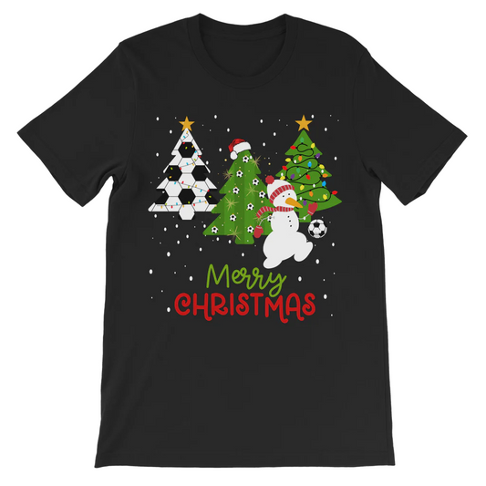 Children's t-shirt with a Christmas themed trees, featuring footballs, and a snowman kicking a ball, and the text 'Merry Christmas'.
