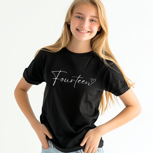 Girls 14th 'Fourteen with Heart' Birthday T-shirt | Small - Large