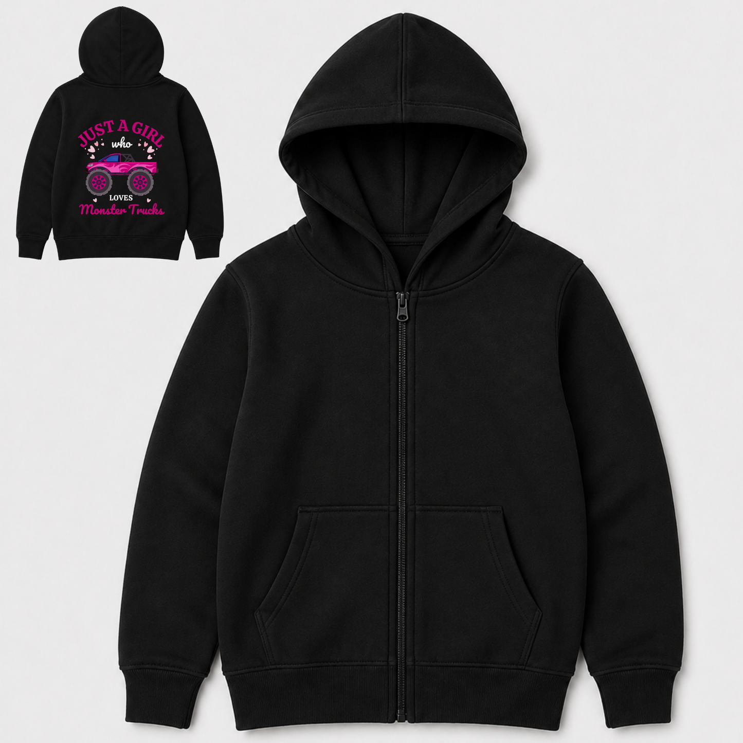 Kids black zip-up hoodie shown from the front, with a smaller inset view in the upper left showing the back. The front has a full zipper, hood, long sleeves, and front pockets.