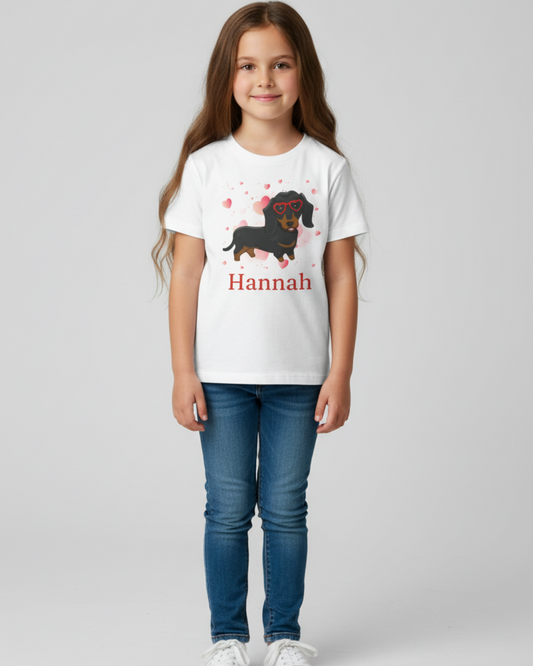 Full-length photo of girl wearing personalised dachshund hearts t-shirt with custom red name