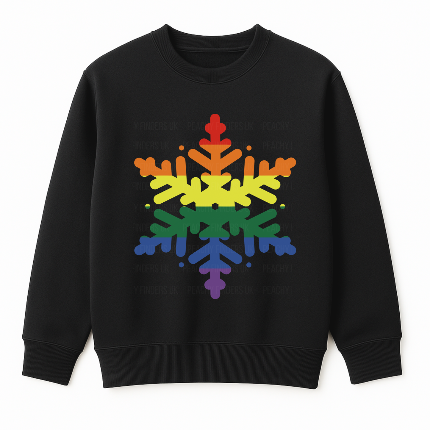 Adults black Christmas sweatshirt featuring a large LGBT rainbow snowflake design printed on the front.