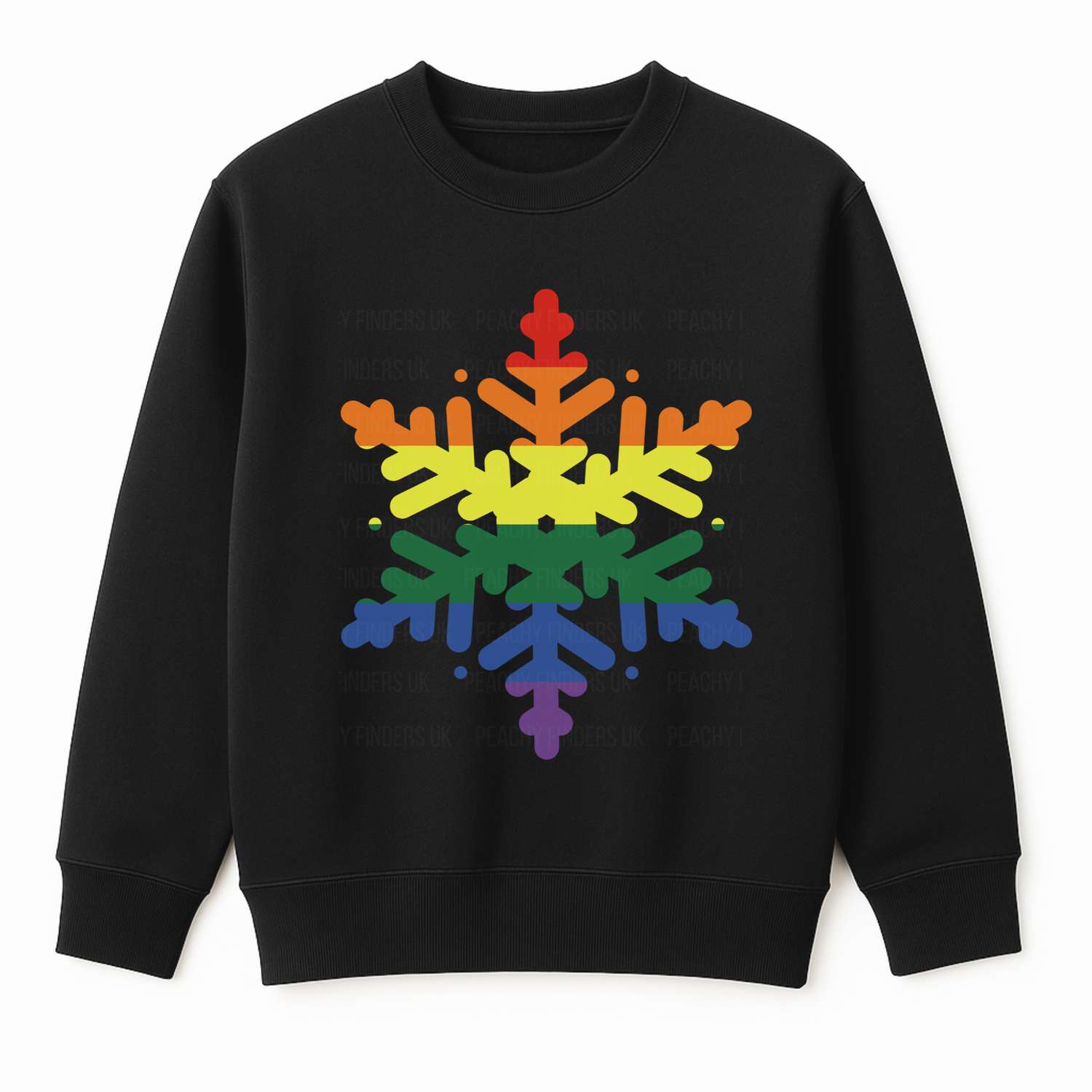 Adults black Christmas sweatshirt featuring a large LGBT rainbow snowflake design printed on the front.