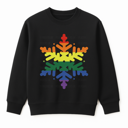 Adults black Christmas sweatshirt featuring a large LGBT rainbow snowflake design printed on the front.
