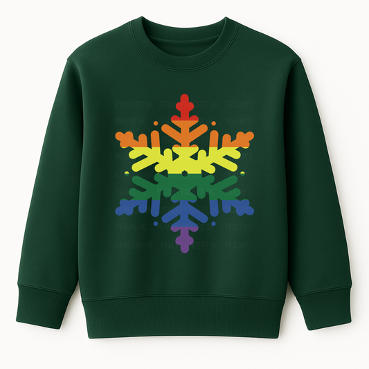 Dark green Christmas sweatshirt featuring a large LGBT rainbow snowflake design printed on the front.