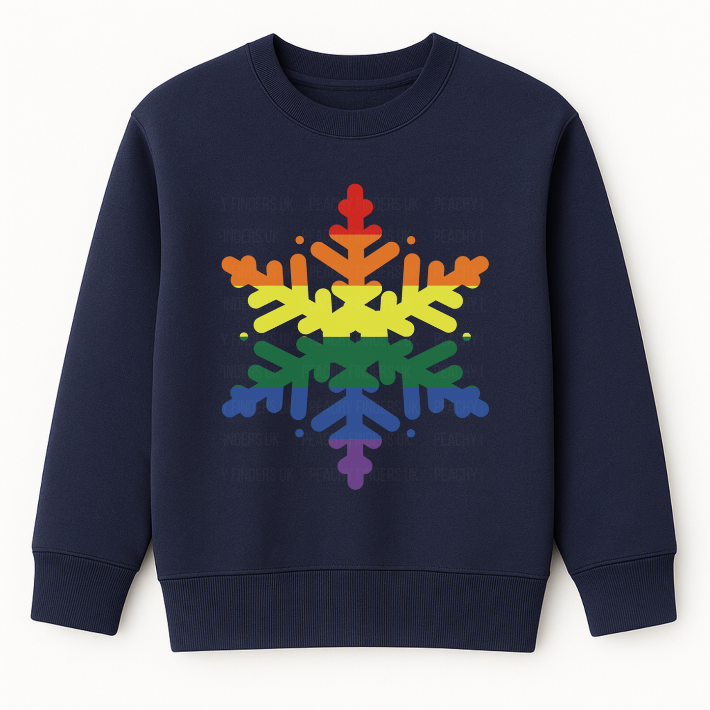 Navy Christmas sweatshirt featuring a large LGBT rainbow snowflake design printed on the front.
