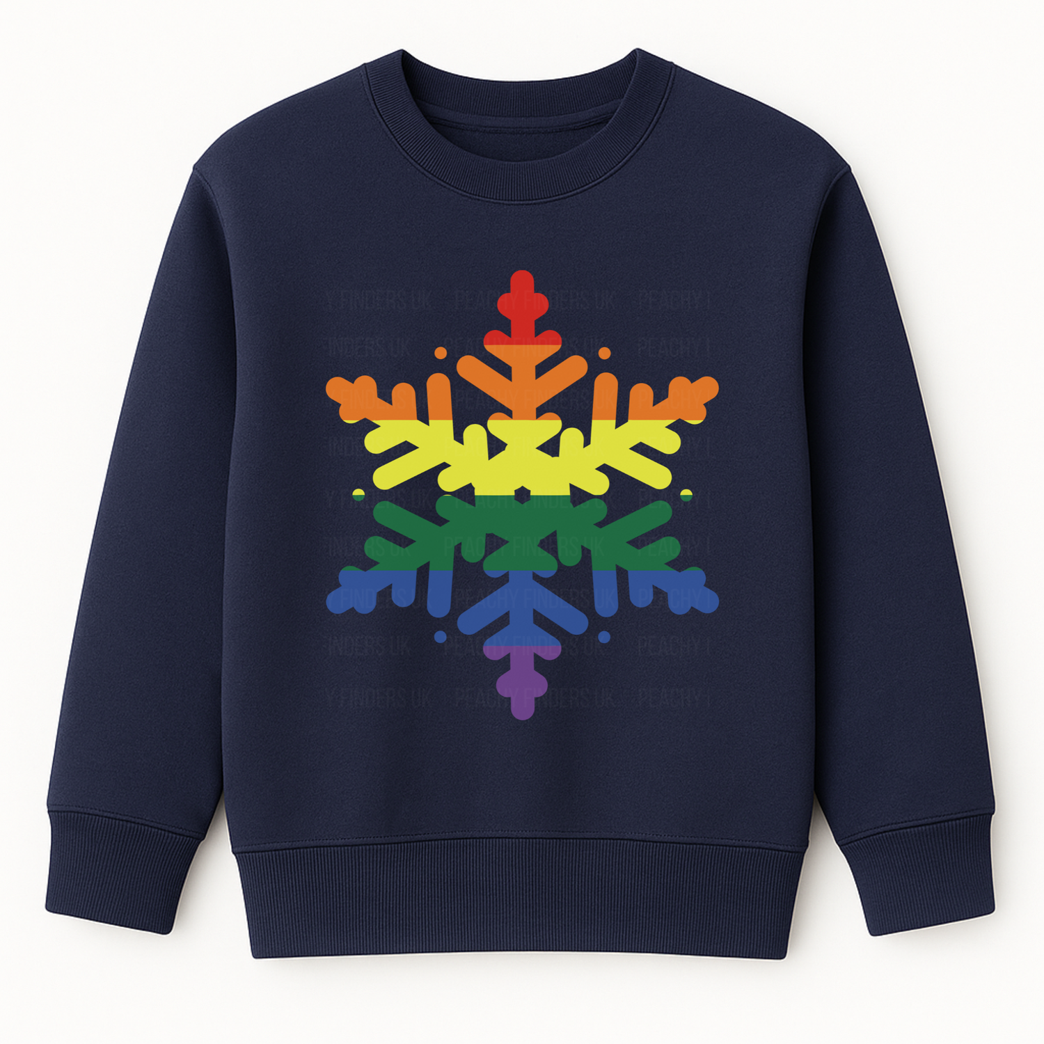 Navy Christmas sweatshirt featuring a large LGBT rainbow snowflake design printed on the front.