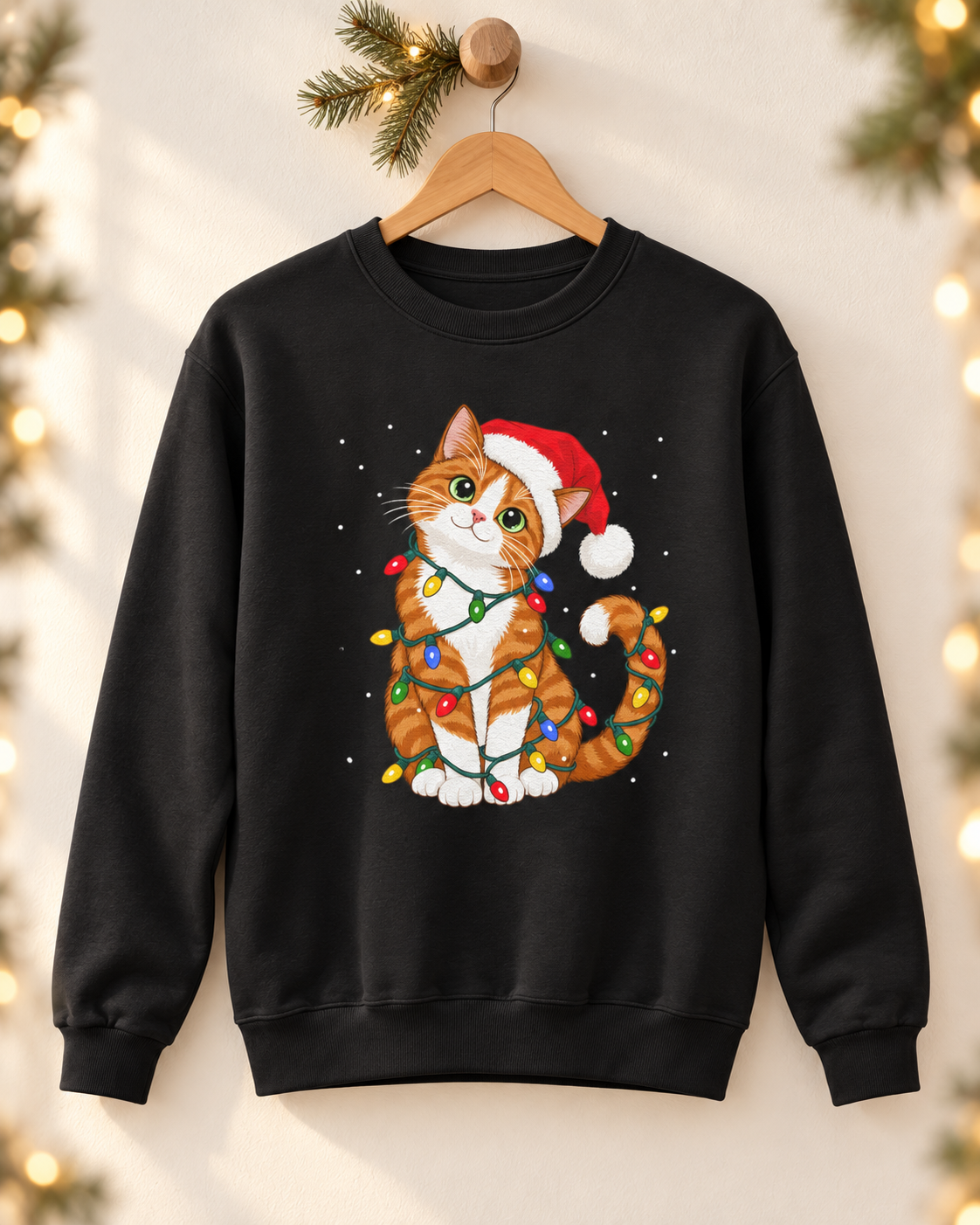 Adults black crewneck sweatshirt hanging on a wooden hanger against a warm, softly lit background with blurred holiday lights and pine branches. The sweatshirt features a graphic print of an orange tabby cat wearing a red Santa hat and wrapped in colourful Christmas lights.