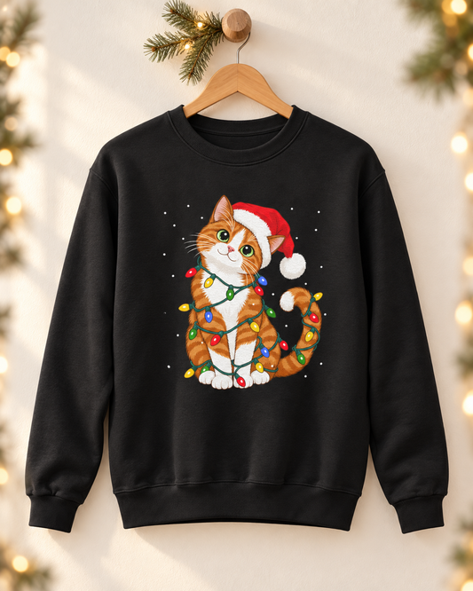 Adults black crewneck sweatshirt hanging on a wooden hanger against a warm, softly lit background with blurred holiday lights and pine branches. The sweatshirt features a graphic print of an orange tabby cat wearing a red Santa hat and wrapped in colourful Christmas lights.