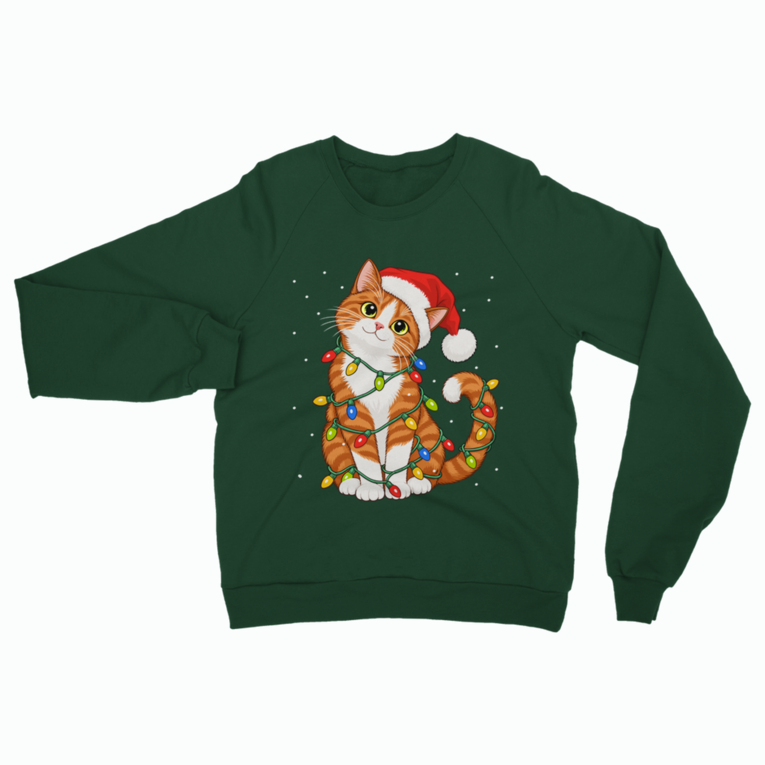 A dark green adult crewneck Christmas sweatshirt featuring an illustration of a ginger and white tabby cat wearing a Santa hat, wrapped in colorful fairy lights, and surrounded by falling snowflakes.