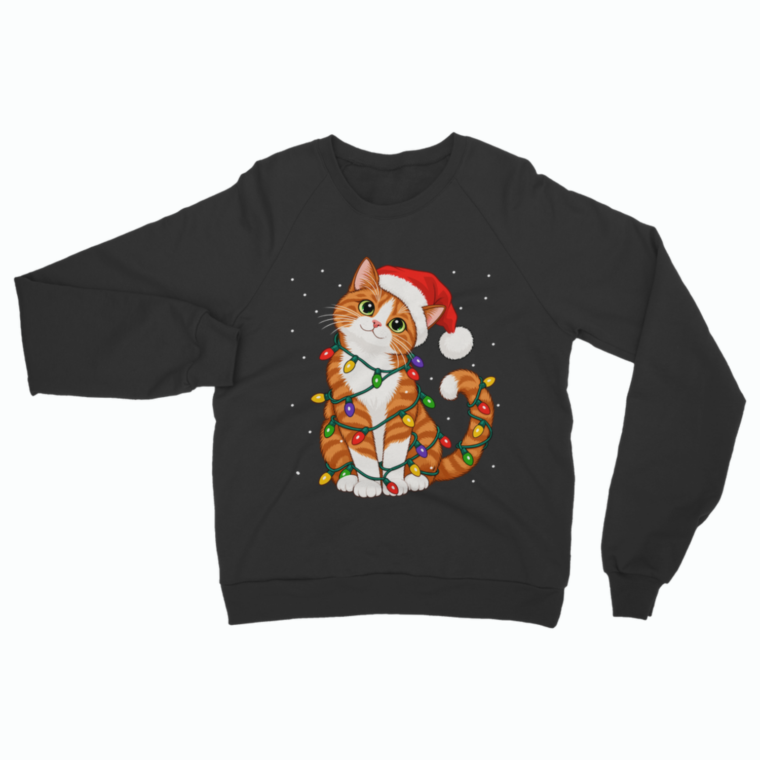 A jet black adult crewneck Christmas sweatshirt featuring an illustration of a ginger and white tabby cat wearing a Santa hat, wrapped in colorful fairy lights, and surrounded by falling snowflakes.