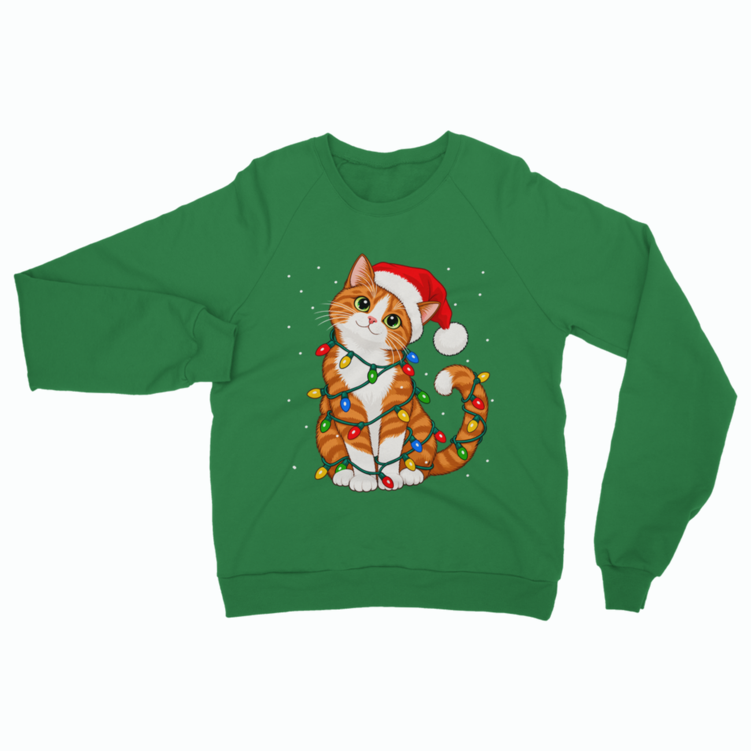 A kelly green adult crewneck Christmas sweatshirt featuring an illustration of a ginger and white tabby cat wearing a Santa hat, wrapped in colourful fairy lights, and surrounded by falling snowflakes.