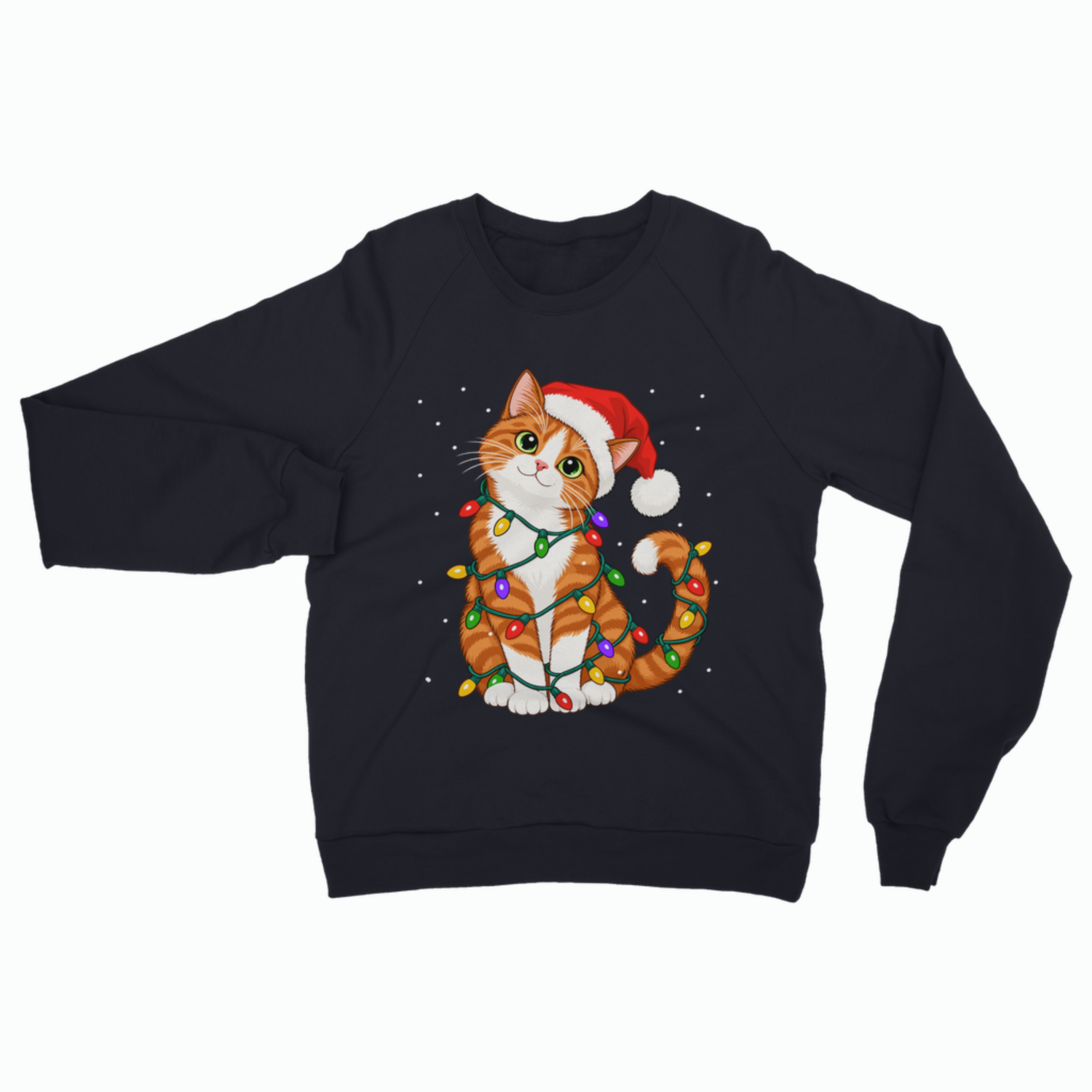 A navy blue adult crewneck Christmas sweatshirt featuring an illustration of a ginger and white tabby cat wearing a Santa hat, wrapped in colourful fairy lights, and surrounded by falling snowflakes.