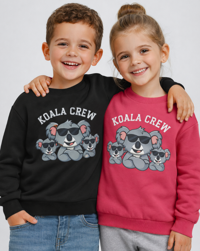 Kids Koala Crew sweatshirt worn by boy in black and girl in hot pink with cute koala graphic