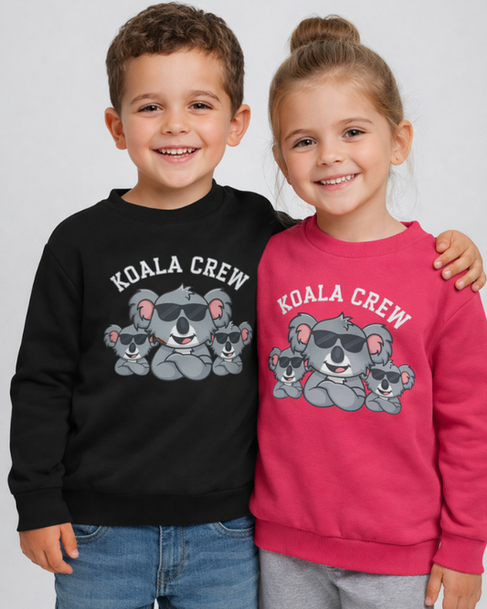 Boy and girl wearing Koala Crew kids sweatshirts in black and pink with cartoon koala design